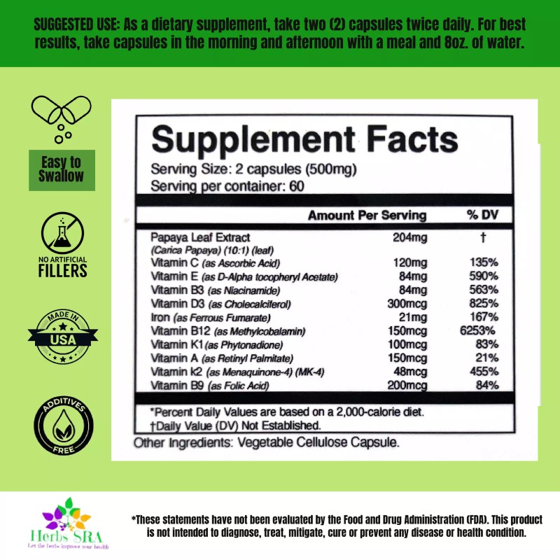 Vitamins Platelet Support with Papaya Leaf, Iron & Vitamins B12