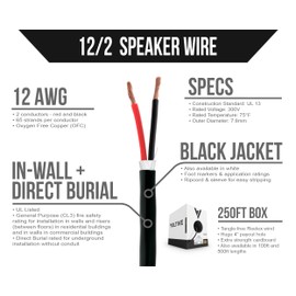 Voltive 12/2 Speaker Wire - 12 AWG/Gauge 2 Conductor - UL Listed in Wall (CL2/CL3) and Outdoor/In Ground (Direct Burial) Rated - Oxygen-Free Copper (OFC) - 250 Foot Bulk Cable Pull Box - Black