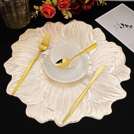 Gold Round Placemats for Dining Table Set of 6, Pressed Camellia Flower Place Mats 15 Inch Vinyl Table Mats for Chrismas Holiday Party Decoration