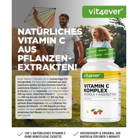 Natural Vitamin C Complex - 300 Capsules in 5 Month Supply - Acerola Extract & Rosehip Extract with 400 mg Vitamin C per Daily Serving - High Dose - Vegan