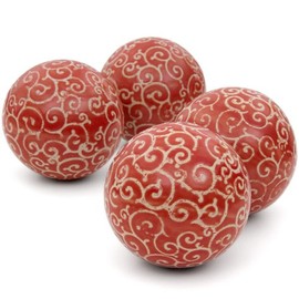 Red Lantern 4" Porcelain Ball Set - Set of 4 Decorative Balls, Red and Beige Vines