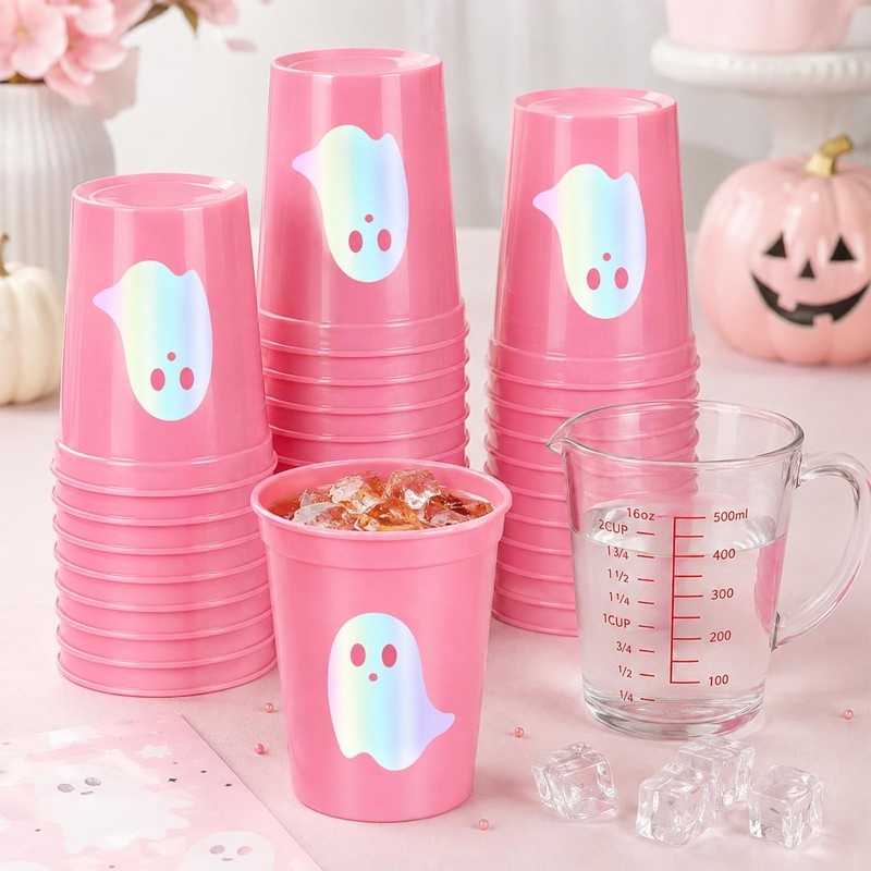 24 Pack Halloween Iridescent Plastic Cups, Ghost, Pink Color, 16oz