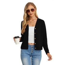 GRECERELLE Women's Crop Cardigan Summer Long Sleeve V-Neck Button Down Knit Lightweight Outerwear Shrug Shawl Bolero Cardigans for Ladies (Black, L)