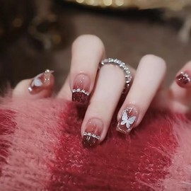 Nail Tip Short, Autumn, Winter, 3D nails, Nail Press, Handmade Red, Nail Tip, Reusable, Coming of Age Ceremony, New Year, School Entrance Ceremony, Graduation Ceremony, Daily Life, Bridesmaids,
