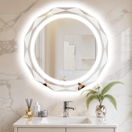 Homsion 28 Inch Round LED Bathroom Mirror with Lights, Frameless Vanity LED Mirror for Bathroom with Beveled Edge, Backlit Anti-Fog, Dimmable, 3 Colors, Memory Function, Tempered Glass, Shatter-Proof