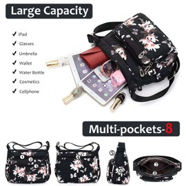 Kecartu Small Crossbody Bag for Women, Lightweight Casual Nylon Crossbody Purses, Water Resistant Multi Zipper Pockets Shoulder Bag, Travel Messenger Bag with Floral Print (Magnolia Flower)