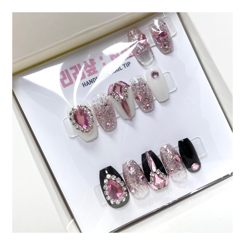 Queen of Pink Full Stone Handmade Nail Tips - White