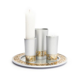 Yair Emanuel Havdalah Set – Matte Silver Anodized Aluminum with Laser Cut Stainless Steel Filigree – Kiddush Cup, Spice Box, Candle Holder and Plate – Elegant Modern Judaica Gift