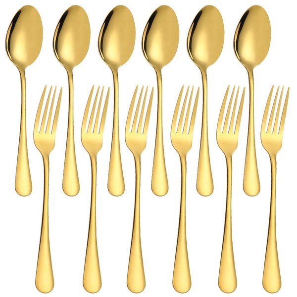 Set of 12, Gold Plated Stainless Steel Dinner Forks and Spoons, findTop Heavy-duty Forks (8 Inch) and Spoons (7 Inch) Cutlery Set- Gold