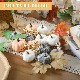 Leinuosen 32 Pcs Fall Decorations Autumn Neutral Fake Pumpkin for Home with White Pumpkins Fall Leaves Berry Vintage Farmhouse Autumn Filler Decorations Indoor White Brown Harvest Table Decor