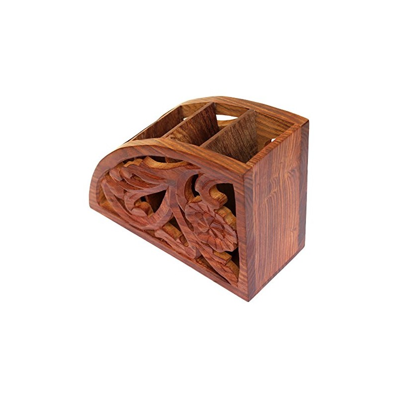 ITOS365 Wooden Floral Carved Remote Control Rack Stand Holder Storage