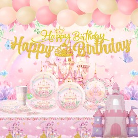 84Pcs Princess Birthday Party Decorations, Princess Party Girls Decorations Set Includes Plates Napkins Cups Tablecloth Backdrop Banner Balloons Ribbon for Girls Birthday Party Decor