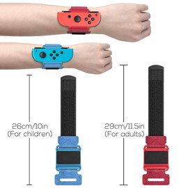 Wrist Bands for Just Dance 2025 2024 2023 2022 2021 2020 for Switch & OLED Model, Comfortable Adjustable Elastic Strap for Switch Controller, Two Size for Adults and Children, 2 Pack (Red & Blue)