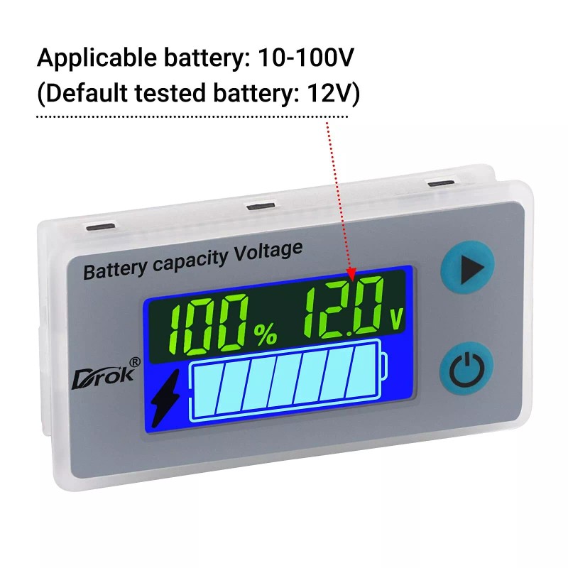 DROK 12V Battery Capacity Monitor, 10-100V 24V 36V 48V Digital