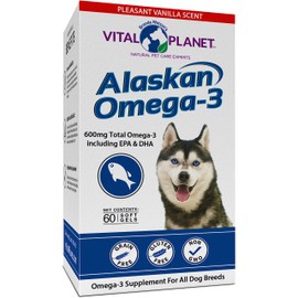 Vital Planet Vital Planet - Alaskan Omega-3 Fish Oil Supplement for Dogs with 600mg of Omega-3, High in DHA and EPA from Sustainably Harvested Wild Caught Cold Water Fish, 60 Vanilla Softgels