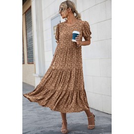 PRETTYGARDEN Women's Summer Casual Boho Dress Floral Print Ruffle Puff Short Sleeve Flowy Midi Beach Party Dresses (Coffee Apricot Leopard,Large)