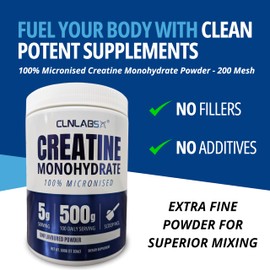 Creatine Monohydrate Powder - 500g Tub (200 Mesh) | Fine Grade, Pure & Mixes Easily | Includes Scoop | Unflavoured | Made in The UK by CLN Labs