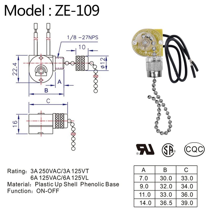 Akahttbn Ceiling Fan Switch Zing Ear ZE-109,Two-Wire Light On-Off with