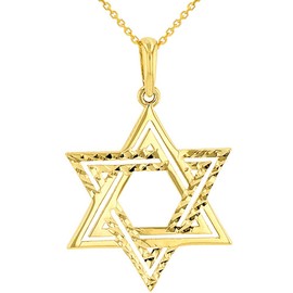 Jewelry America Solid 14k Yellow Gold Textured Elegant Jewish Star of David Charm Pendant Necklace, 16"