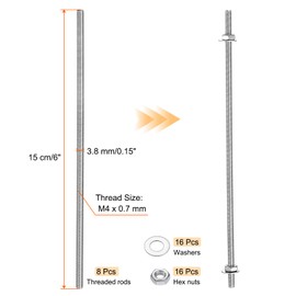 sourcing map 8pcs 8/32 Inch M4 Threaded Rods with 16pcs Hex Nuts and Washers 6 Inch 201 Stainless Steel Full Threads Right-Hand Thread for Hangers, U-Bolts, Beaded Garden Stake Rods, Silver