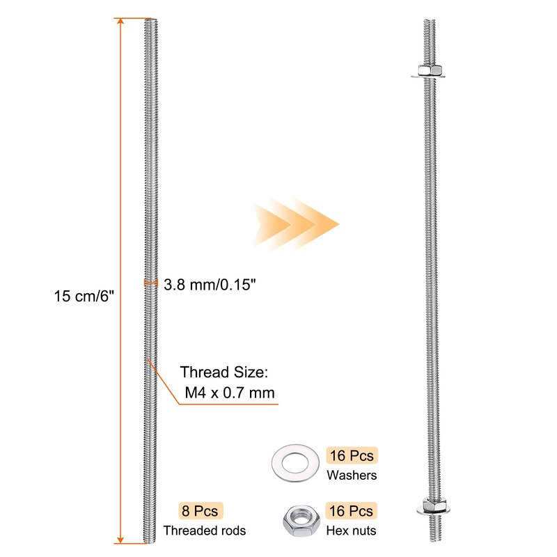 sourcing map 8pcs 8/32 Inch M4 Threaded Rods with 16pcs