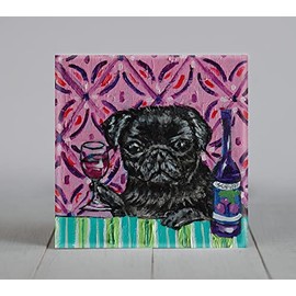 black Pug at the Wine Bar Dog art tile coaster gift