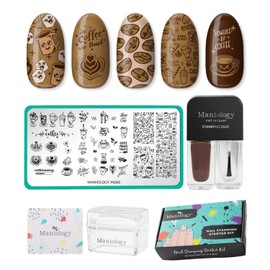 Maniology Coffee Lover Nail Stamping Starter Kit, Coffee-Theme Manicure Design (Plate, Polish, Top Coat, Stamper and Scraper Card)