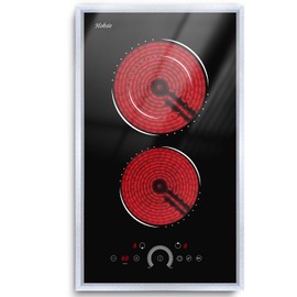 Hobsir 2 Burner Electric Cooktop, 12 inch Electric Stove Top, Built-in Circular Slide Ceramic Stove with Glass Metal Frame, Timer, Safety Lock, 3200W, 220V-240V Burner Hard Wire (No Plug)