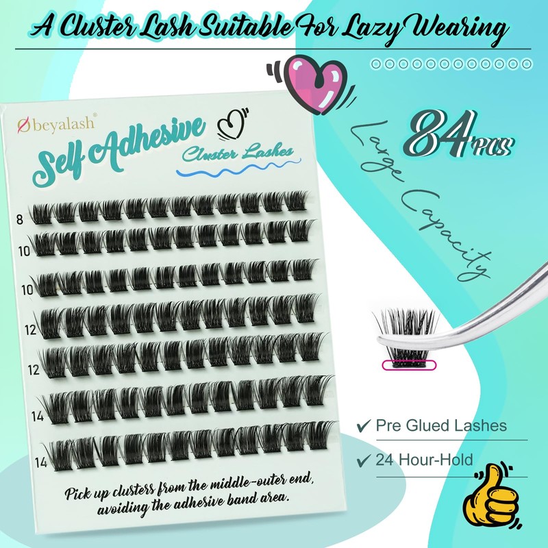 Obeyalash Cluster Wimpern Selbstklebend D Curl 8-14mm Fluffy Eyelashes Extensions