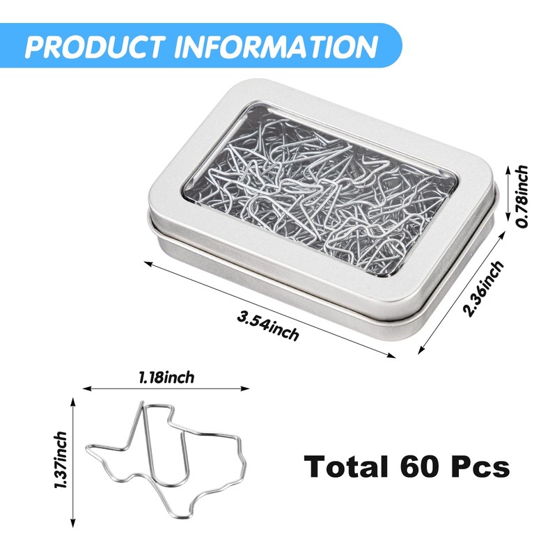 AmazingSpark 60 Pcs Texas State Shaped Paper Clips Silver Cute
