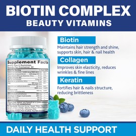 Biotin Gummies with Collagen & Keratin - Hair Growth Support, Skin and Nail Strength Vitamins for Women & Men - Vitamin B7 + B-Complex, MSM, Bamboo Extract - Beauty Chew Supplement - 60 Gummy Bears