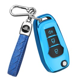 QBUC for Ford Key fob Cover,TPU Key Case Protector Compatible with 2015 2016 2017 2018 2019 Ford F150 F250,Focus 3 Escort Kuga Everest Fiesta Mustang Edge MKV Fusion 2016 Ranger flip Remote Key(Blue)