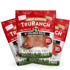 TRURANCH 6" Collagen Rolls, Roast Beef, 3 Bags, 9 Count, Holiday Limited Edition, All-Natural Hydrolyzed Collagen, Rawhide Free, Healthy Limited Ingredients, for Small, Medium and Large Dogs