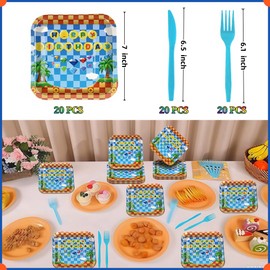 60 Pcs Hedgehog Birthday Party Supplies,Video Game Themed Decorations, Plates, Forks, Games, and Favors for Kids' Celebration