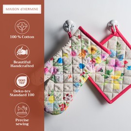 Maison d' Hermine 100% Cotton Oven Mitt & Pot Holder Set (7.5"x13" & 8"x8") Heat Resistant BBQ Cooking Gloves with Loop, Baking, Grilling, Kitchen, Handling Hot Pans Spring/Summer (Jardin D'Ete - Fog)