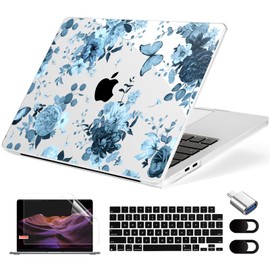 MecBevia Compatible with MacBook Air 13.6 inch Case M3 M2 2024-2022, Model A3113 A2681 Plastic Hard Shell Cover & Keyboard Cover & Screen Protector & Webcam Cover & Type-C Adapter, Blue Flowers