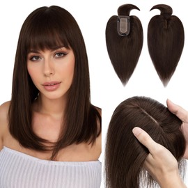 Hairro Human Hair Toppers with Bangs, Clips in 100% Real Hair Hairpieces for Women, 2.8"x5.1" Silk Base for Thinning Hair/Hair Loss/Covering Greyish Hair on Top