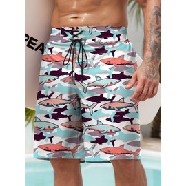 ERECT PEAK Men Barracuda Swimwear Long Shark Swim Trunk Beach Hawaiian Stretch Graphic Board Short Multicolor S