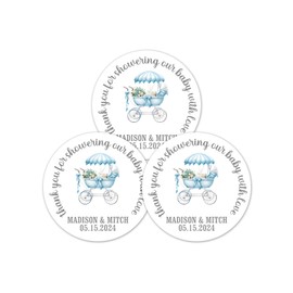 Baby Shower Thank You for Showering Our Baby With Love Stickers 2 inch Round, Pack of 40 Blue Carriage Labels for Favor Bags and Boxes - BB44
