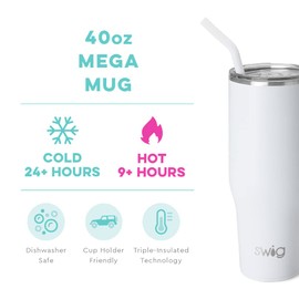 Swig Life 40oz Mega Mug | 40 oz Tumbler with Handle and Straw, Cup Holder Friendly, Dishwasher Safe, Extra Large Insulated Tumbler, Stainless Steel Travel Mugs for Hot and Cold Drinks (White)