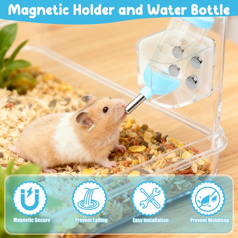 Magnetic Hamster Water Bottle Holder with Water Bottle, Adjustable Height