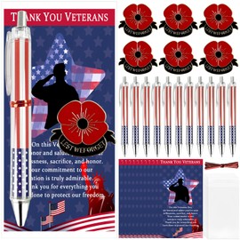 LAIAMER 90 Pcs Veterans Day Gifts Bulk, 30 American Flag Ballpoint Pens Patriotic Pens 30 Poppy Pins 30 Bookmarks USA Souvenirs Gifts for Veterans Patriotic Party Favors Supplies