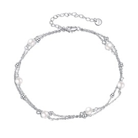 Pearl Anklet for Women S925 Sterling Silver Adjustable Pearl Bead Layered Plus Ankle Bracelet Beach Jewelry Gift (white)
