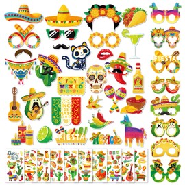 JIEYUMAO 48Pcs Mexican Fiesta Photo Booth Props, Cinco De Mayo Party Decorations with Paper Glasses Temporary Tattoo, Funny Mexico Fiesta Party Supplies Decorations for Cinco De Mayo Party