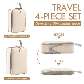 Koffer Organizer 4 set （Kompressions）, Packing Cubes ，Kofferorganizer Kleidertaschen Reiseorganizer Packwürfel Kosmetik Travel Organizer Packtaschen für Koffer-Beige