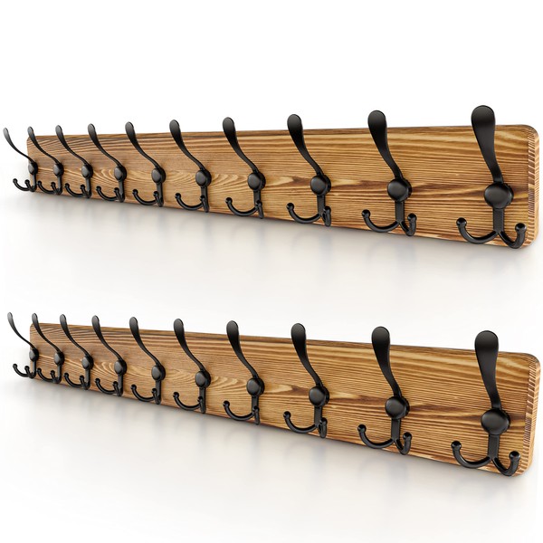 SAYONEYES Rustic Coat Rack Wall Mount with 10 Tri Hooks for Hanging – 39 Inch Heavy Duty Solid Pine Real Wood – Wall Hooks Rack for Bathroom, Bedroom, Entryway (Brown – 2 Pack)