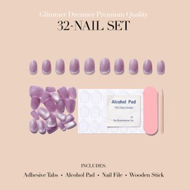 Press On Nails 32 Light Pink – Short Almond I Thick Gel Coating Reusable Press on Nails - Sakura Bloom I Glitter Tip for Adult I Nails with Adhesive Tabs, Clean Pad, Nail File & Wood Stick
