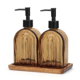 Glass Soap Dispenser Set with Wooden Tray, 13.5Oz Refillable Liquid Modern Soap Dispenser with Plastic Pump for Hand and Dish Set for Bathroom Countertop Decor (Dark Brown)