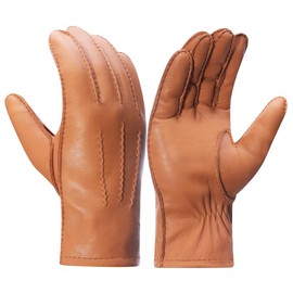 Meetoget⠀ Deerskin Leather Gloves For Men With Cashmere Lined For Winter Warmth USM04,Tan,Size S