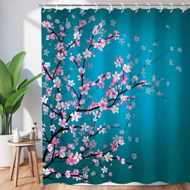 LIVILAN Cherry Blossom Shower Curtain Japanese Shower Curtain Floral Sakura Plum Blossom Flower Shower Curtains with 12 Hooks Teal Blue and Pink Pretty Shower Curtain, 72" W x 84" H